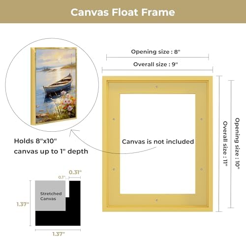 Venusmiles Canvas Frame 8x10 Frame for Canvas Painting Floating for 1" Deep, Floater for Canvas Artist Panel Oil Painting Wall Art Décor, Vertical or Horizontal Picture Wall Decor, Gold