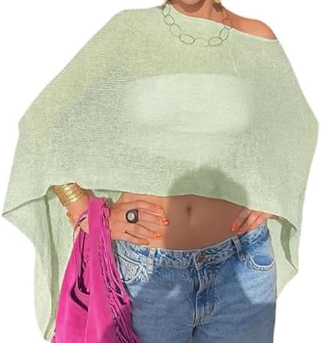 Nicoxijia Women Y2K Sheer Knit Poncho Top Lightweight Summer Beach Knit Shrug Shawl Bolero Off Shoulder Mesh Sweater Cover Up