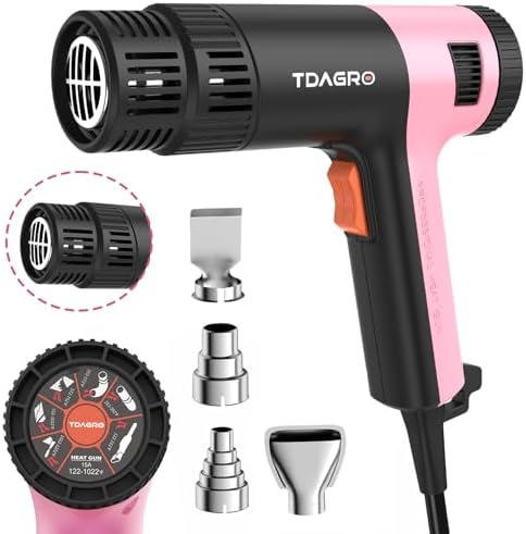 1800W Craft Heat Gun (122℉-1202℉) with 4 Nozzles (Pink) | 1.5s fast heating tool with 2 airflow settings & overload protection for precise resin DIY, PVC shrink tubing & vinyl wrap.