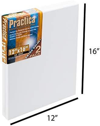 Practica Economy Stretched Cotton Canvas - Acid-Free Acrylic Primed Canvas for Acrylics, Pastels, Graphite, & More! - [2-Pack - 12x16]