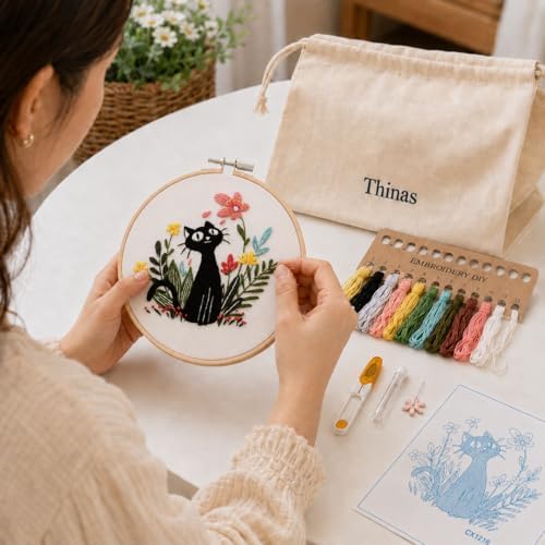Thinas Embroidery Kit for Beginners Adults, 3 Pack Stamped Cat Cross Stitch Starter Set with Patterns & Video Tutorial, DIY Sewing Craft Supplies for Cat Lovers, Home Decor Gift Idea