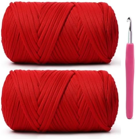 2 Pack Soft Tshirt Crochet Yarn, 800g/228yds High Elastic Hand Knitting Yarns, Thick T Shirt Yarn for Crocheting Bags, Baskets, Cushions, DIY Crafts(Red + Red)