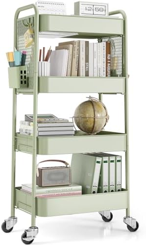 TOOLF 4 Tier Rolling Cart, Metal Utility Storage Cart with Pegboard, Green | 2 Bins & 4 Hooks, Screwless Assembly, Lockable Wheels, Trolley Organizer for Bathroom, Kitchen, Office, Dorm, Craft Room