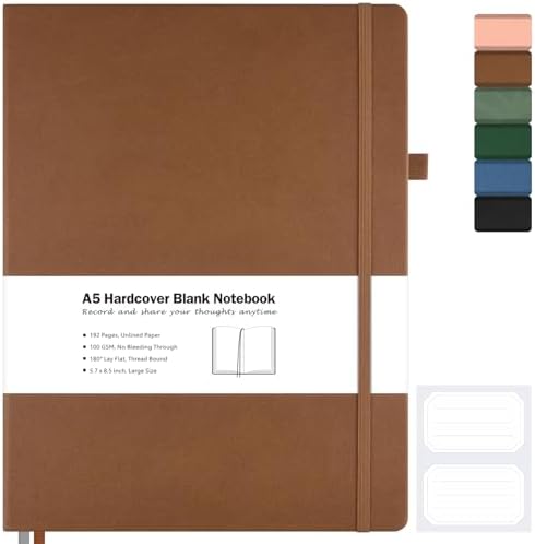 Blank Notebook, Hardcover Sketchbook, Leather Unlined Journal for Women Men