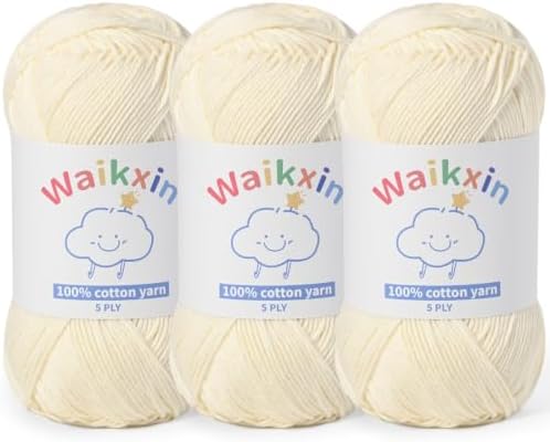 3 Pack of 100% Cotton Yarn for Crocheting,Baby Yarn for Crocheting Soft,5 Ply Milk Cotton Yarn,#2 Sport Weight Cotton Yarn,10.6oz/787.4yds Amigurumi Yarn for Puzzle,Clothes&DIY Crafts.(3 Milky White)