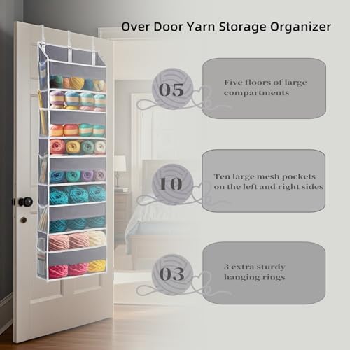 Hanging Yarn Storage Organizer with 5 Yarn Balls Pockets & 10 Mesh Pockets