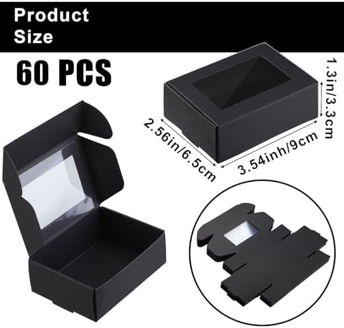 Zonon 60 Pcs Soap Boxes for Homemade Packaging, Mini Kraft Boxes with Window for Bakery Candy Soap Making Gift Packaging, 3.7x2.6x1.4 Inch (Black)
