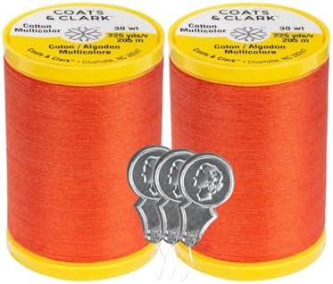 Coats & Clark Cotton All Purpose Sewing Thread 100% Mercerized Cotton 225 Yards Each Spool S970 2 Pack Bundle with 3 Bella's Crafts Needle Threaders (Tango)