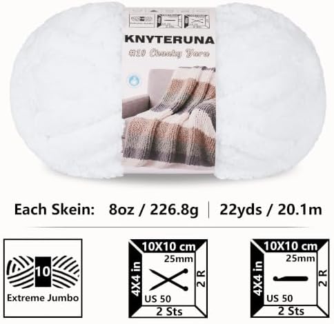 Chunky Yarn for Hand Knitting, #10 Chunky Blanket Chenille Yarn, Large Bulky Thick Jumbo Yarn, Super Chunky Knit Yarn for Crocheting, 8 Skein (8 oz 22 yds Each Skein), Pure White