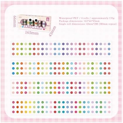Emoticon PET Washi Tape Set 4 Rolls - Cute Smiley Face Decorative Dot Stickers for Scrapbooking, Journaling, DIY Crafts, Planners, Mood Journal Tracking