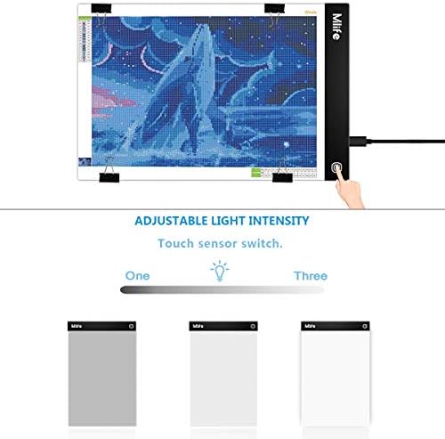 Mlife A4 LED Light Pad - Diamond Art Light Box Tracing Light Board with 3 Brightness, Ideal for Sketching, Animation, Drawing Light Box with 4 Fasten Clips