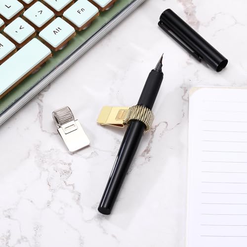 PATIKIL 2Pcs Pen Holder Clips, Metal Pen Clip Holder Adjustable Loop Pen Pencil Organizer with Single Spring Loop for Notebook, Clipboard, Silver Tone, Gold Tone