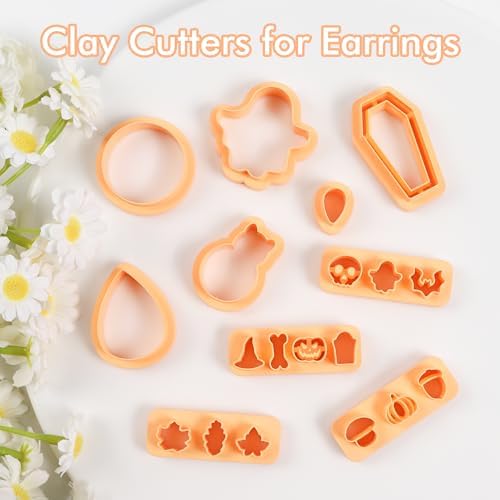 Puocaon Halloween Fall Polymer Clay Cutters - 10 Pcs Autumn Themed Cutters for Polymer Clay Jewelry Pumpkin Mushroom Ghost Earrings Making Kit for Polymeric Jewelry Design