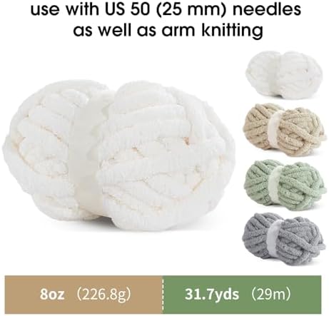 MABOZOO Assorted Chunky Yarn for Hand Knitting 8 Pack, Fluffy Jumbo Chenille Yarn, Soft Plush Yarn Bulky, Giant Thick Fuzzy Yarn for Arm Knitting, Cream & Khaki&Sage&Grey(31.7 yds,8 oz Each Skein)