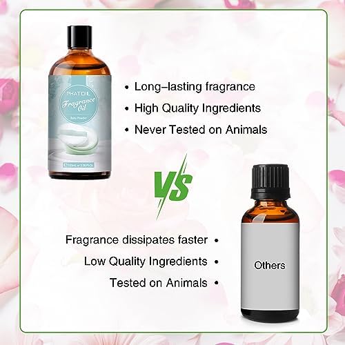 PHATOIL Baby Powder Fragrance Oil for Diffuser Aromatherapy 3.38FL.OZ | Long Lasting Scented Oils For Humidifier, Air Freshener, DIY Soap Candle, Scent Project Making, Aroma Oil for Home Freshening