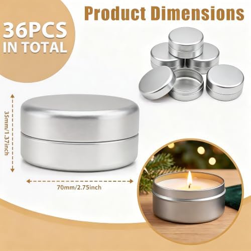 36-Pack 2.5oz Candle Tins with Lids, Metal Candle Jars for Candle Making, Empty Containers Vessels Bulk for Small Business & Beginners DIY Storage -Silver
