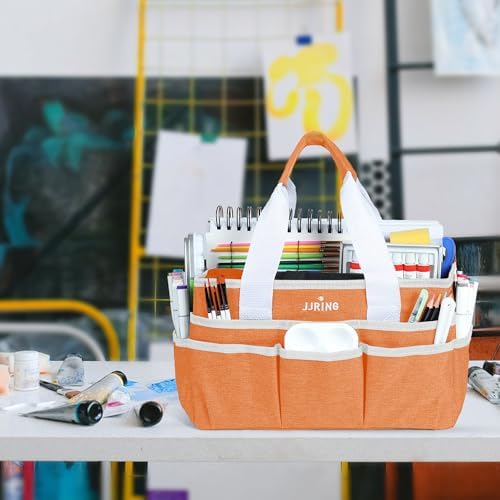 JJRING Craft Organizer Tote Bag Art Storage Caddy Orange | With Multiple Pockets For Sewing, Scrapbooking, School, Medical, And Office Supplies