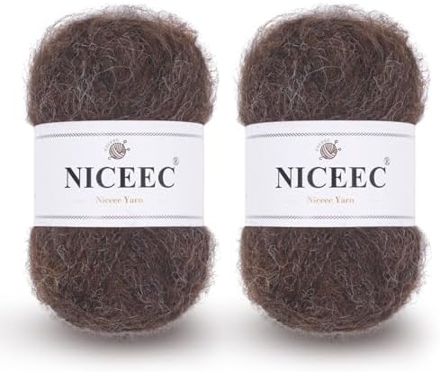 NICEEC 2 Skeins Long Pile Mohair Yarn 2.82oz/788yds - Coffee