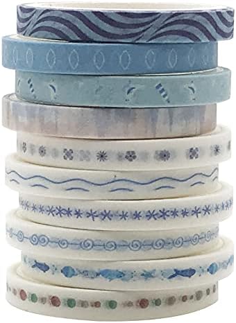 Vintage Pattern 5mm Wide Skinny Washi Tapes Set, 10 Rolls Blue Japanese Masking Decorative Tapes for Bullet Journal Planners DIY Decor Crafts Arts Scrapbooking Adhesive