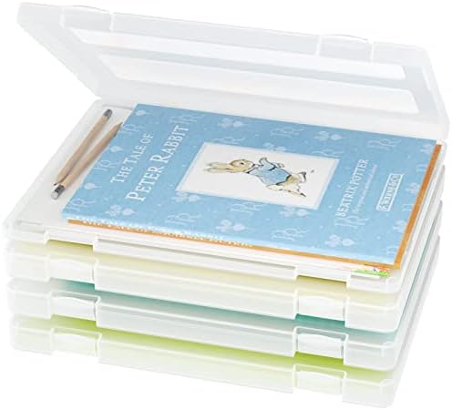 4-Pack A4 Plastic Paper Organizer Box, Scrapbook Storage for 8.5” x 11” Letter Papers, Portable Document Holder, Photo Storage Box Sticker Art Supplies Organizers, 12” x 9” Inner Size