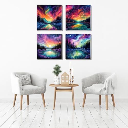 FQOVKYN 4 Pack Landscape Paint by Number for Adults Framed Canvas, DIY Aurora Arts and Crafts for Adults Beginner with Paint Brushes, Acrylic Paint Set for Home Wall Decor, 8 * 8 Inch