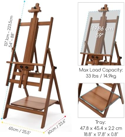 MEEDEN Large Studio Artist Easel: Heavy Duty H-Frame Easel for Painting | Wooden Artists Easel - Convertible Easel - Collapsible Floor Art Easel Stand for Adult, Craft, Office & Studio Walnut