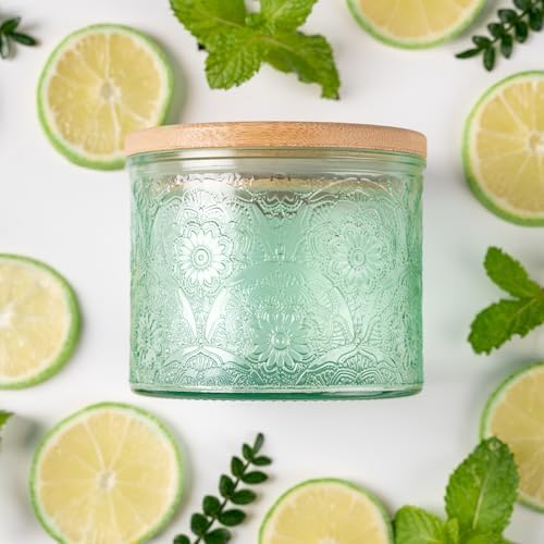 10 oz Green Mandala Glass Candle Jars with Bamboo Lids, 9 Pack