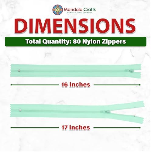Mandala Crafts 80 PCs Mint Closed-End 16 Inches Nylon Zippers for Sewing