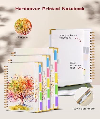 Hardcover Spiral Notebook journal with Removable Dividers Tabs, 300 Pages 5 Subject Notebook College Ruled, 100GMS Notebooks for Work School Note taking,Lined Journal for Women,A5 Colorful Tree of Life