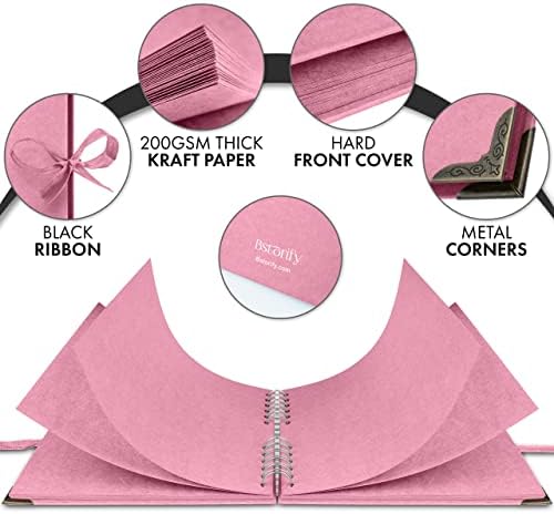 Bstorify Square Scrapbook Photo Albums 8 x 8 Inch Pink Thick Paper, Hardcover, Metal Corners, Ribbon Closure - Ideal for Your Scrapbooking Albums, Art & Craft Projects | Hardcover with Thick 200 GSM Kraft Paper, Ideal for Your Scrapbooking Albums, Art ...
