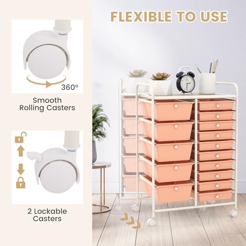 LDAILY 15 Drawer Rolling Storage Cart, Rolling Cart with Drawers for Classroom, Art Supply Craft Organizer on Wheel with Metal Frame & Handles for Home Office School