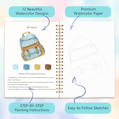 Easy Watercolor Workbook for Beginners - 12 Beautiful Step-by-Step Paintings Water Coloring Book, Includes 16 Colors Paints, Relaxing Art Projects and Creative Gift for Adults & Teen (Travel)