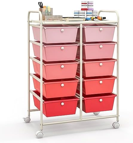 Giantex 10 Drawers Rolling Cart, Classroom Organizers, Storage Cart with Wheels, for Teacher Office Home School Supplies Tool Craft Art Paper, Pink Gradient