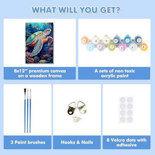 Bowetile Framed Paint by Numbers Sea Turtle for Adults Beginners, Adults' Paint-by-Number Kits, Easy Adult Paint by Number Kits on Canvas, Acrylic Animals Number Painting for Home Decor, 8x12in