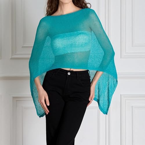 Women Sheer Poncho Top Knit Crochet Irregular Shrug Bolero Shawl Lightweight See Through Beach Cover Up