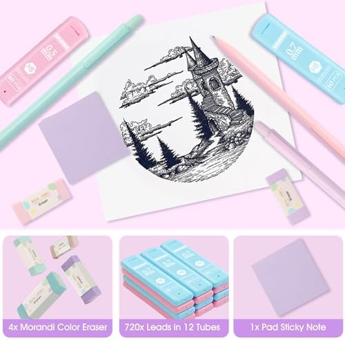Aesthetic School Supplies with Cute Pencil Case, 12x Pastel Mechanical Pencils 0.5 & 0.7mm with 720x HB Leads, 4x Erasers and 1x Sticky Note, Suitable for Writing, Drafting Drawing Sketching(purple)