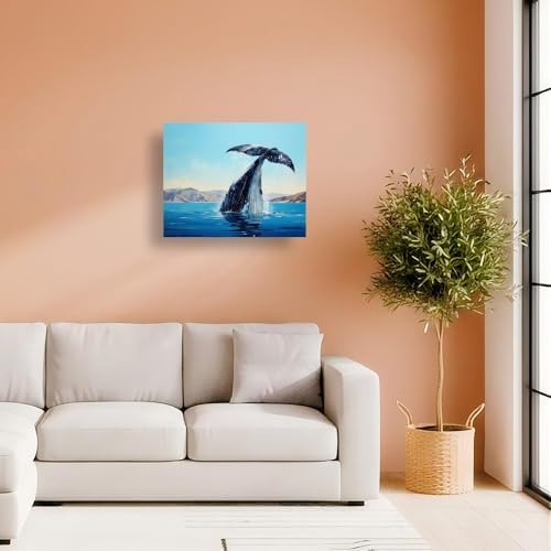 Whale Tail Splash Paint by Numbers Kit for Adults - DIY Humpback Whale Diving in Ocean Painting on Canvas 12X16IN framed, Acrylic Paint Set, Suitable for Beginners, Art for Home Decoration or Gifts