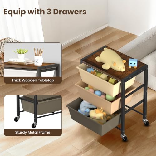 Rolling Cart with 3 Drawers, Plastic Drawer Storage Carts with Lockable Wheels & Wooden Tabletop, Metal Utility Cart Organizer, Office Bedroom Classroom Craft Organization and Storage, Dark Brown