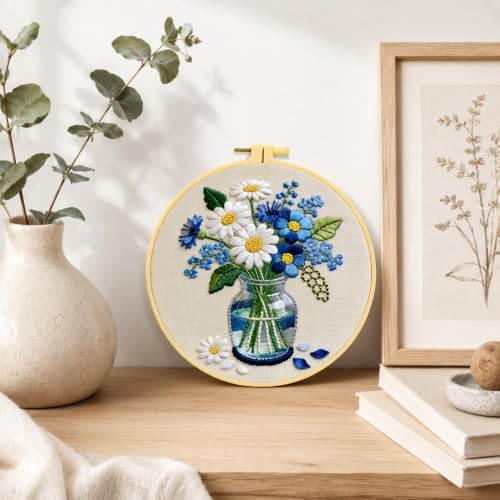 HRTHRT Embroidery Kit for Beginners, Flower DIY Craft Set with Hoop