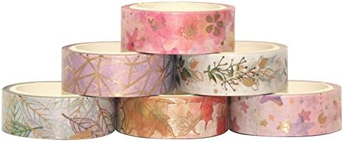 YUBBAEX Floral Gold Washi Tape Set 6 Rolls VSCO Foil Masking Tape Decorative for Arts, DIY Crafts, Journal Supplies, Planners, Scrapbook, Card/Gift Wrapping -15mm- (Romantic Flowers)