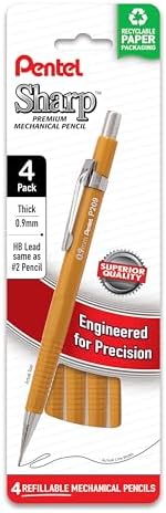 Pentel Sharp Mechanical Pencil, (0.9mm), Bold Line, Yellow Barrel, Pack of 4 (P209PF4G)