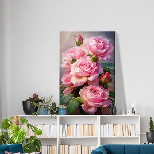 ATDMS Paint by Numbers Kit for Adults with Frame Flowers Paint by Numbers Kit with Easel DIY Adult Paint by Number Kits on Canvas Framed Floral Oil Painting Kits for Home Wall Decor 8x12 Inch