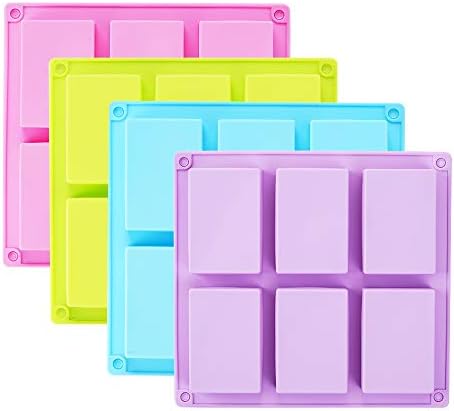 4 Pack Rectangle Silicone Soap Molds 6 Cavities Silicone Baking Mold | Blue/Pink/Green/Purple, DIY Handmade Soap, Muffin, Loaf, Brownie, Cornbread Baking Mold
