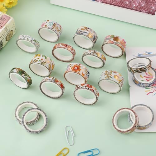 18 Rolls Gold Floral Washi Tape Set,15mm&7.5mmGold Foil Colored Floral Pattern Decorative Tape,Decorative Masking Tapes for DIY Scrapbook Design Journaling Handbook Making Card Wrap Craft Gift