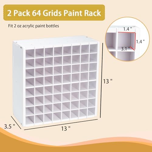 Krafetto 2 Pack 64-Grid Paint Organizer for 2 Oz Bottles, Wall Mount