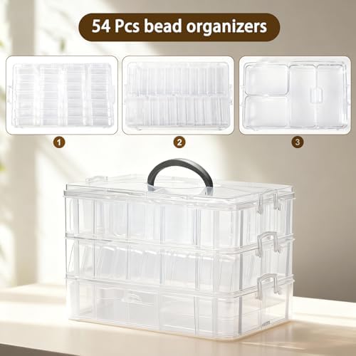 Bead Containers Storage Box for Art Craft Storage,3-Tier Stackable Storage Organizers,61pcs Pieces Plastic Storage Cases Mini Clear Bead Storage Containers Transparent Boxes