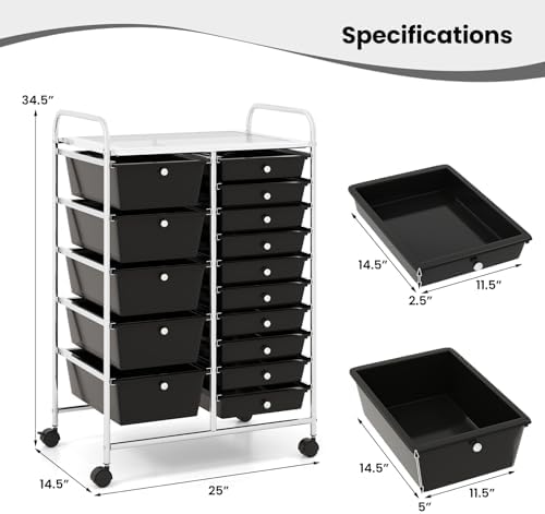 Giantex 15 Drawer Rolling Storage Cart Tools Scrapbook Paper Office School Organizer, Black