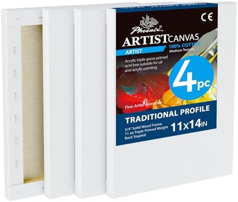 PHOENIX 11x14 Inch 4 Pack Artist Canvas - Stretched Canvases for Painting - 3/4 Inch Profile, 100% Cotton 11 Oz. Gesso Primed White Blank Professional Canvas Oil & Acrylic Paints