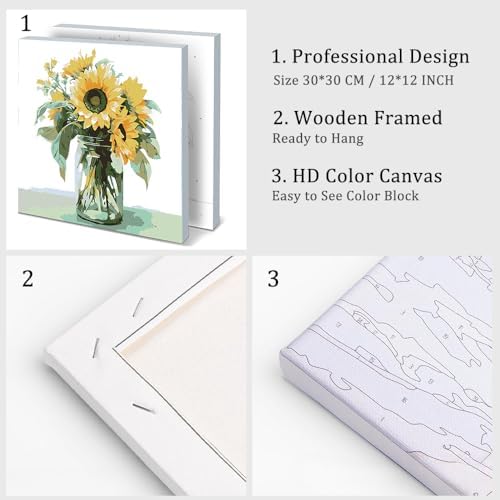 Natuyalo Framed Paint by Number Kits for Adults Beginners, Sunflower Easy Acrylic Adult Paint by Number Kits, Flowers DIY Painting by Numbers Kits with Frame Ideal Gift 12x12 Inch