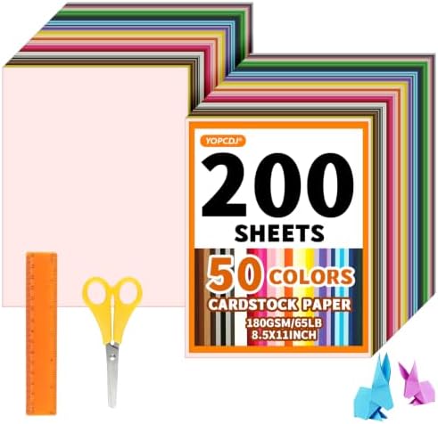 200 Sheets 8.5" X 11" Colored Cardstock, 50 Assorted Colors 180 GSM/65 LB Construction Paper, Craft Set with Scissors and Ruler, Printer Paper for Scrapbooking, DIY Crafts and Decorations